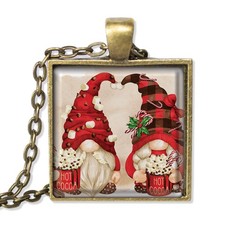 Couple of Christmas Gnomes – Handmade SQUARE Glass Pendant Necklace