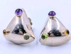 Modernist Sterling Silver Handcrafted AMETHYST CITRINE PERIDOT Clip-On Earrings