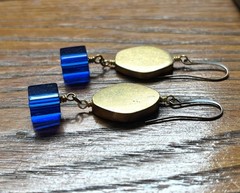 Handmade Modernist Brass & Blue Glass Earrings Brass Wire – Repurposed vintage