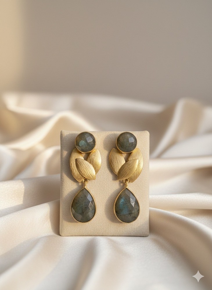Handmade Indian Gold Leaf Earrings – Genuine Labradorite Teardrop – Nickel Free