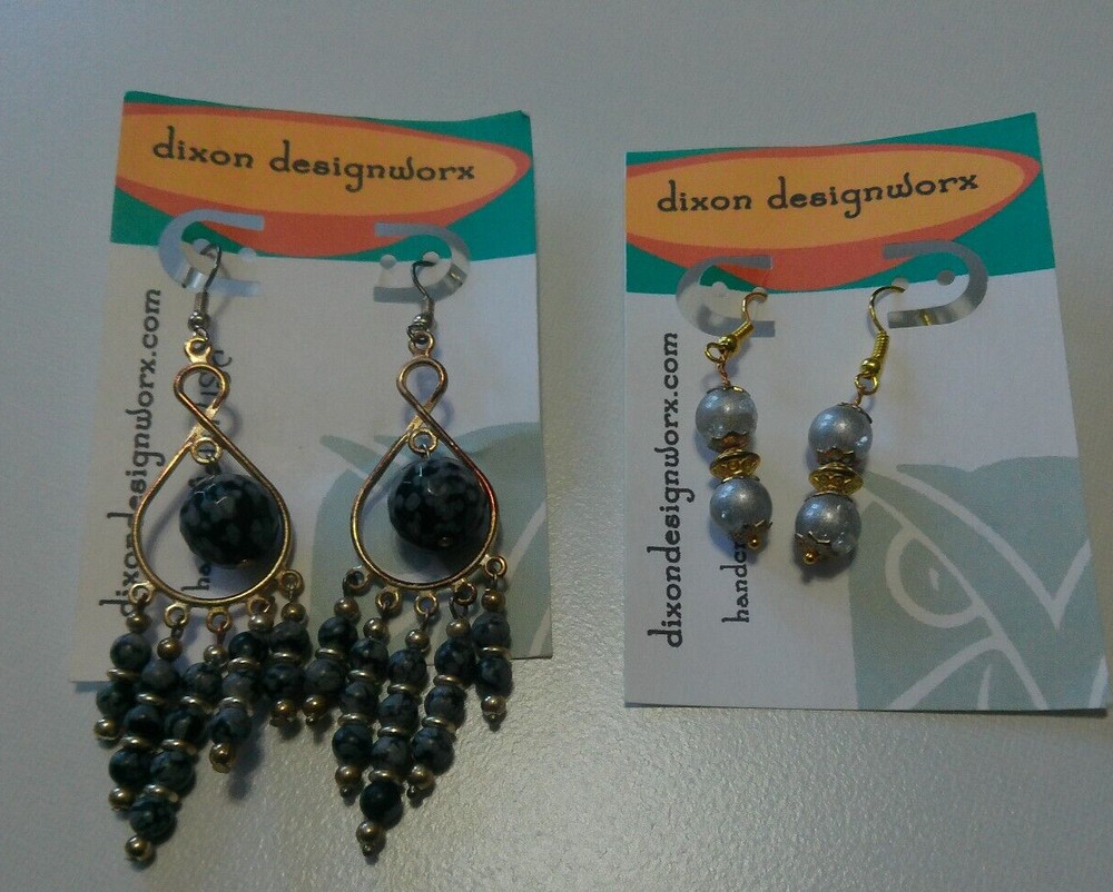 2 Pair Natural Stone & Glass Beaded Earrings Drop Dangle Black/Gray Gold Tone