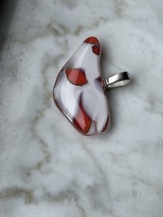 Artisan Fused Glass Pendant Orange Red And White abstract With Silver Ball