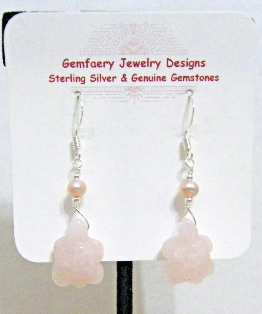 Sterling Silver Carved ROSE QUARTZ Turtle Dangle Earrings #301…Handmade USA