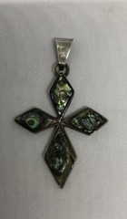 Vintage 925 Sterling Silver Artisan Abalone Paua Shell Maltese Cross Pendant