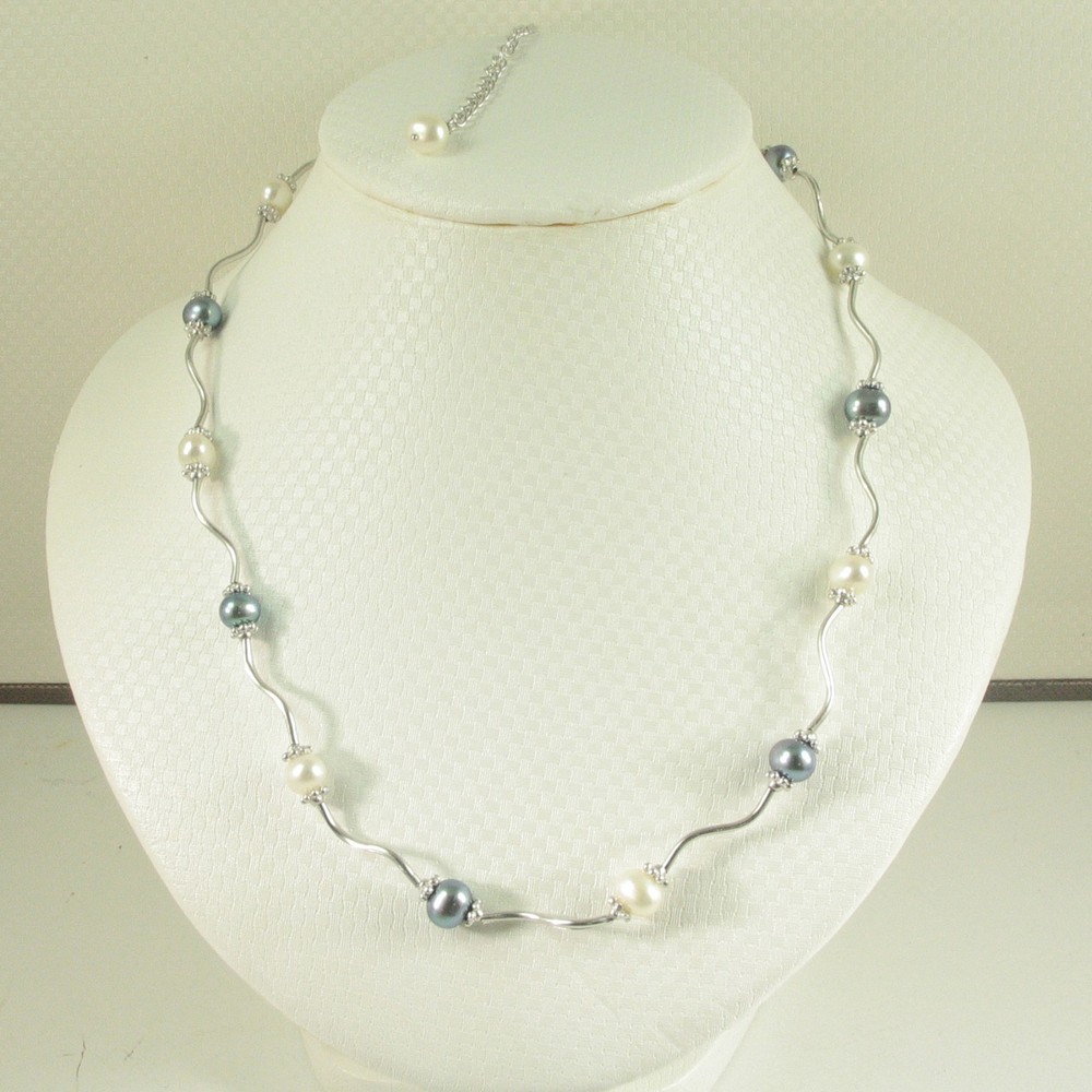 Solid Silver .925 Black & White Freshwater Pearl Necklace