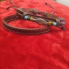 Brown Leather Cord Beaded Wrap Adjustable Bracelet Set for Unisex Adults