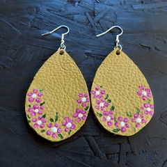 Handmade Genuine Leather Earrings Yellow Pink Painted Flowers Mexican Folk Art