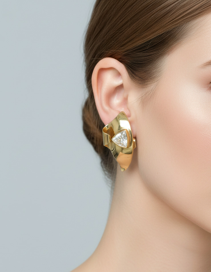 14k yellow gold earrings new antique inspired with trillion cubic zirconia 3.9gm
