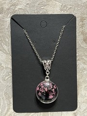 Pendant Nature Flower Tree Lacework Glass Two Sided Silver 18” Boho Necklace