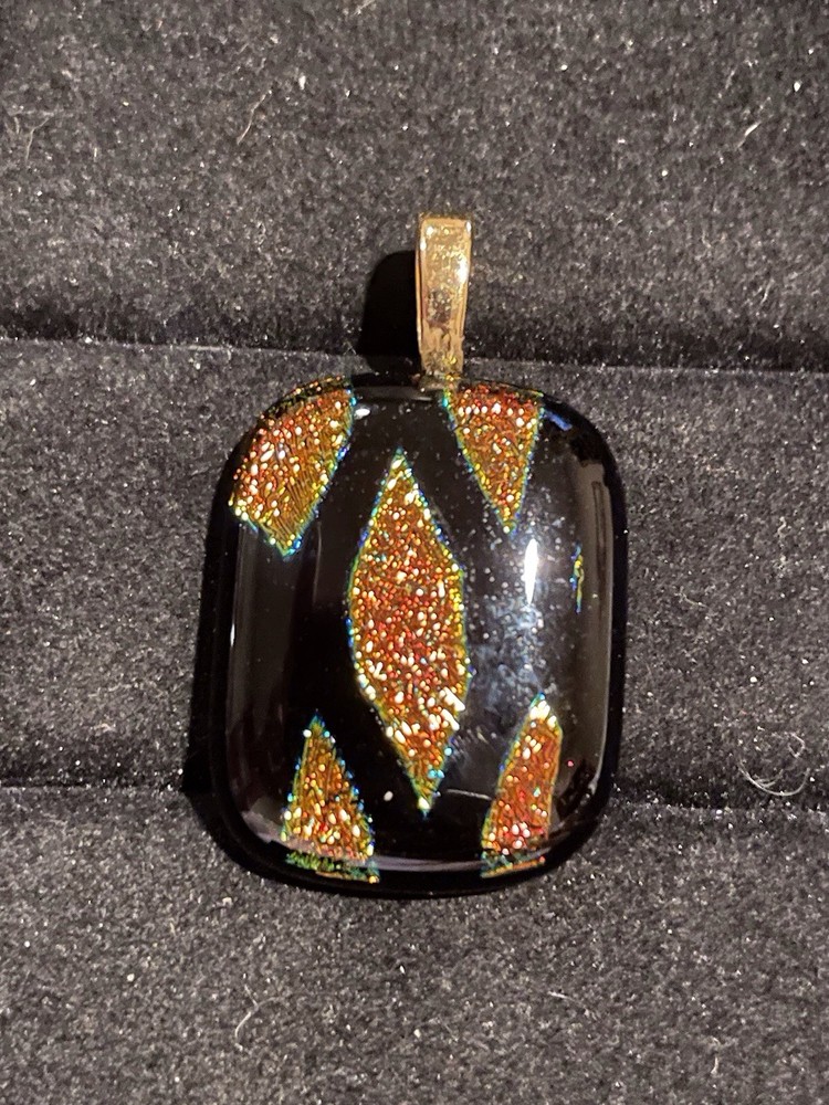 Handmade Dichroic Glass Pendant Black Copper Brown Glitter Shiny Abstract