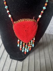 VTG Macrame Boho Necklace w/Blue Center Stone Hidden Pocket Seed Tassel Beads