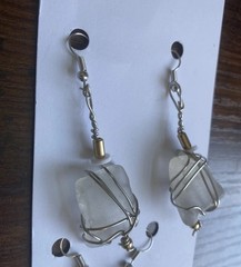 3 Pairs Womens Earrings Beaded White Blue Green Beach Glass Silver Dangle Lobe