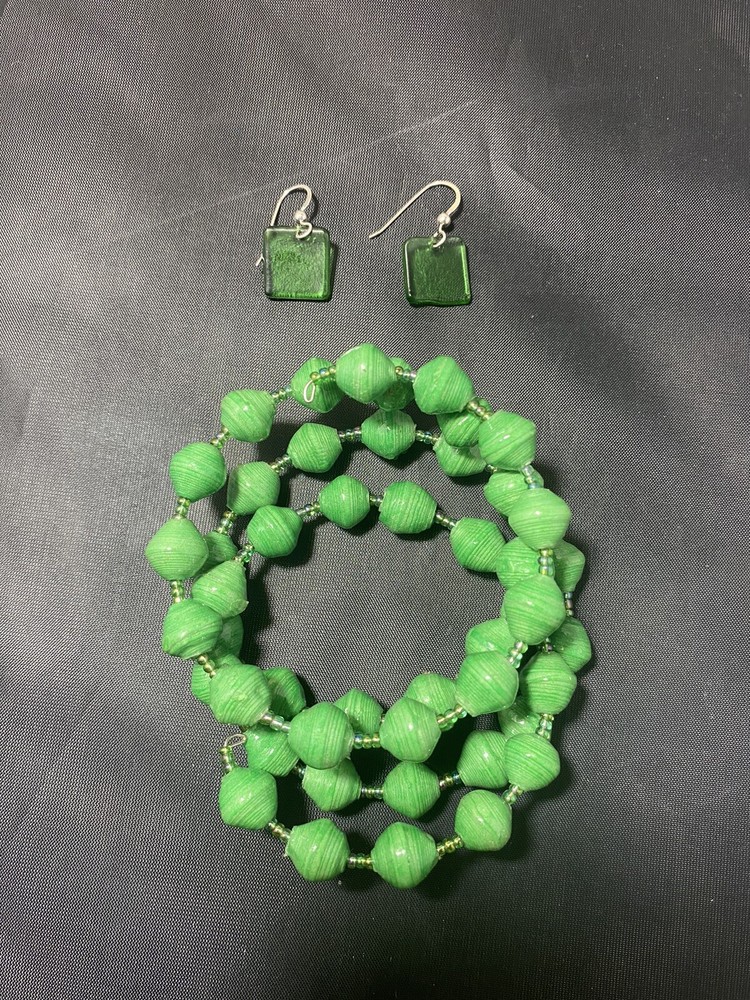 Treasured Serendipity African Paper Beads Vintage WithGreen Sea Glass Earrings