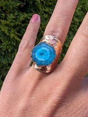 Artisan Handmade In Morocco Adjustable Blue Geode Wide Band Gold Ring Size 8.75