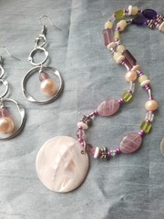 Vintage Jewelry Set, Purple Glass Bead Necklace, MOP Shell Pendant Hoop Earrings
