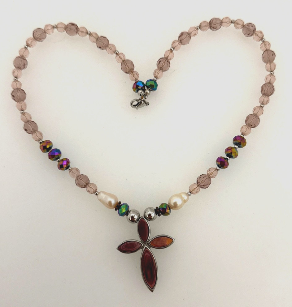 Rhodium 1 1/2″ x 1 3/4″ Spiny Coral Cross Pearl Crystal Beaded 19″ Necklace OA5