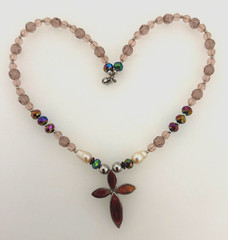 Rhodium 1 1/2″ x 1 3/4″ Spiny Coral Cross Pearl Crystal Beaded 19″ Necklace OA5