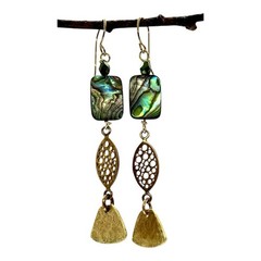 Hand-cut Sculpted Hammered Brass Abalone Czech Glass 14k Gold-filled Metal.