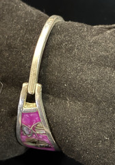 Vintage Alpaca Silver Hinged Bracelet Purple Inlay Abalone Flower Design
