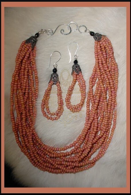 Handmade, Vintage ‘CHEYENNE PINK’ GLASS Pony Bead NECKLACE & EARRING SET