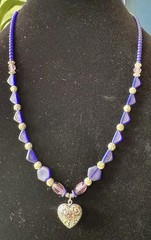 Artisan Cobalt Blue Art Glass Beaded SilverHeart Pendant Necklace Boho Statement