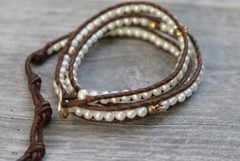 Chan Luu Sterling Silver 925 Fresh Water Pearl Skull Brown Leather Wrap Bracelet