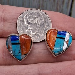 Native Southwestern Inlay Stud Earrings Heart Shape Multi Color Sterling Silver