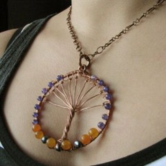 Handmade Tree of Life Necklace Copper Beaded Amethyst Orange Jade