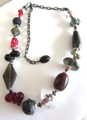 Black , Red and Smokey Art glass beaded necklace with hook clasp – 16″-23″ long