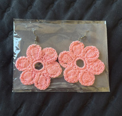 Handcrafted Pink Crochet Yarn Flower Dangle Drop Hook Earrings for Women