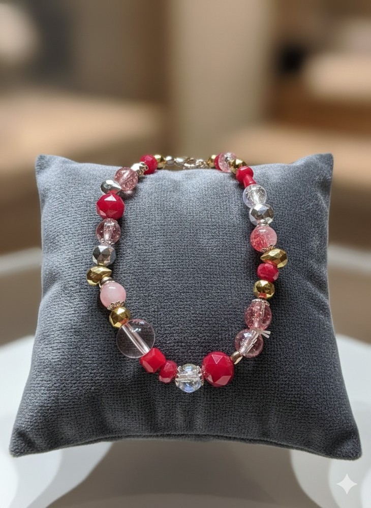 Double Wrap Red Gold Glass Beaded Stretch Bracelet