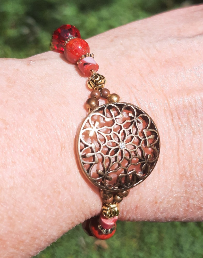 Handmade Jewelry Bracelet, Metal, Glass, Red Jasper
