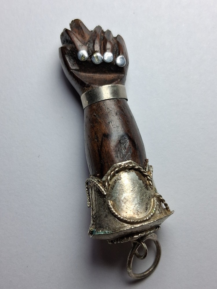 Carved Wood & Silver Mano Figa «Good Luck» Clenched Fist Charm Pendant