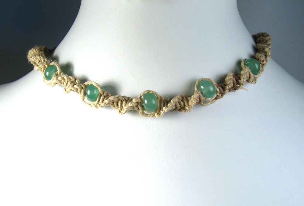 Handmade Hemp Twist Necklace with Aventurine Stone Beads