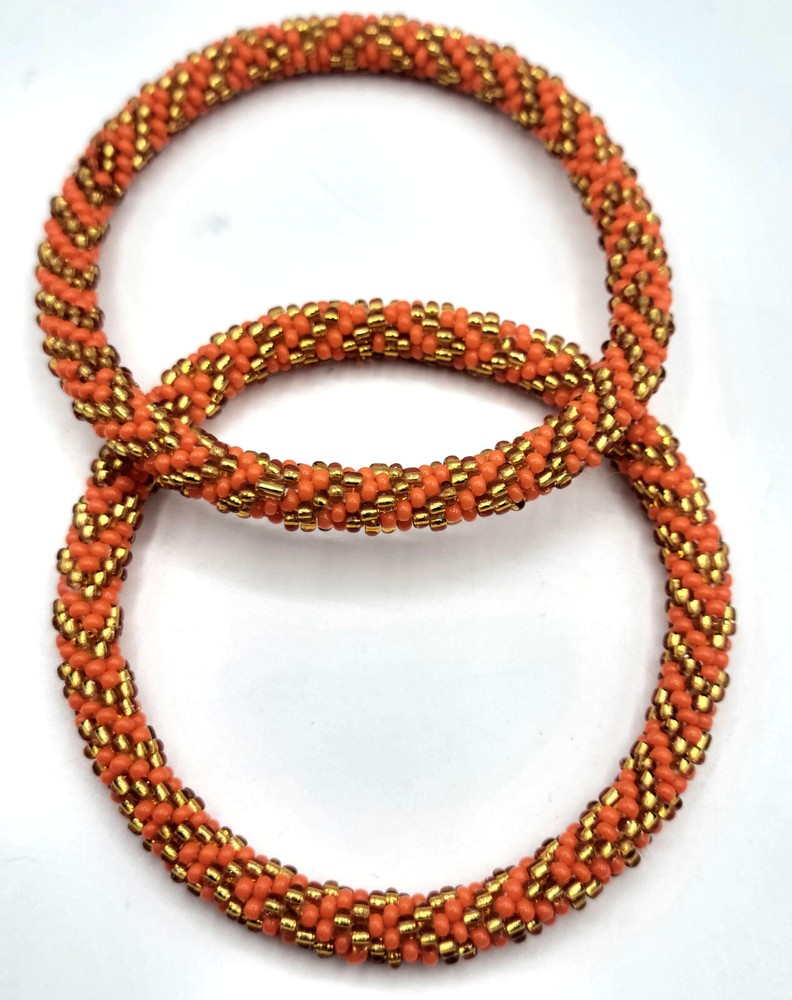 Set of 2 Handmade Beaded Bracelet Fall Colors Nepal Glass Bead Stackable Crochet