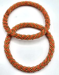 Set of 2 Handmade Beaded Bracelet Fall Colors Nepal Glass Bead Stackable Crochet