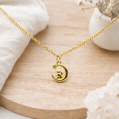 Gold Bunny Moon & Star Charm Necklace – 18K Plated Rolo Chain – Cute Jewelry