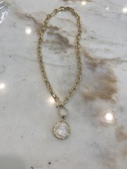 Religious Mother of Pearl Virgin Mary Pendant on Gold Link Chain Necklace