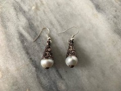 Pearl Earrings set in Tibetan Silver repousse, Sterling Silver Finding Earring 6