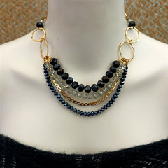Layered Bib Necklace Gold Tone Black Gray Crystal Israeli Artisan Statement 90s