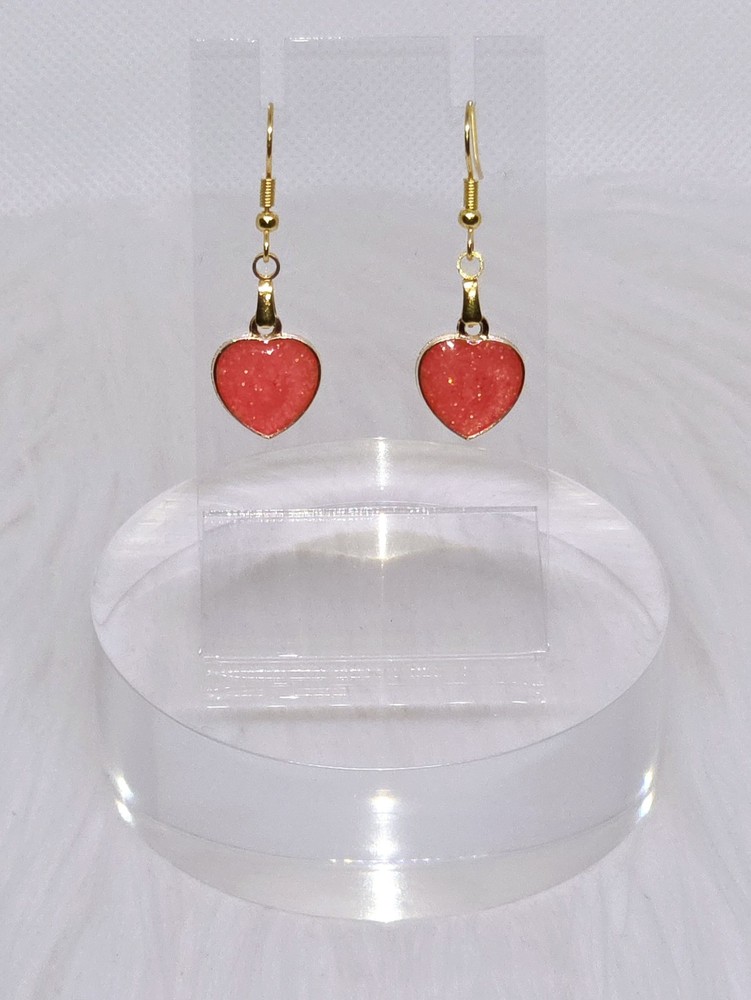 Valentines Day Dangling Gold & Pink Glitter Heart Golden French Hook Earrings