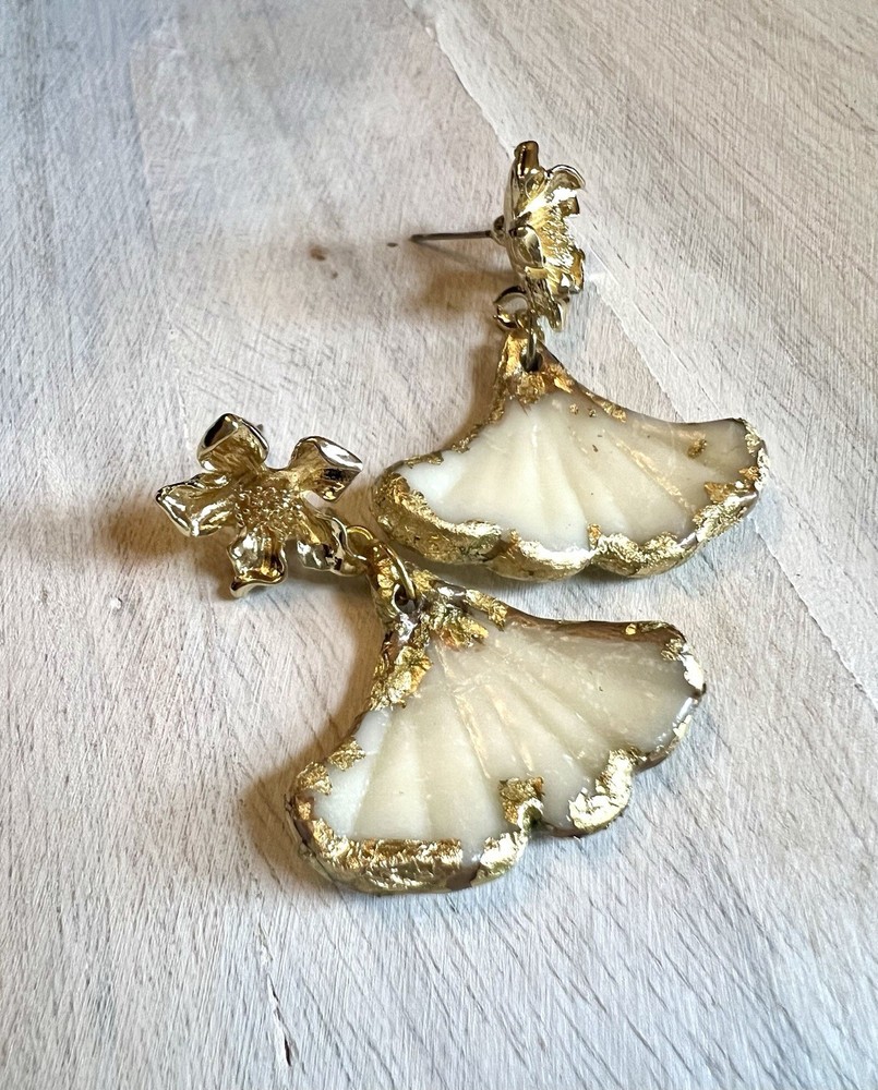 Earrings Statement Earrings Handcrafted Artwork White Gold Floral Ginkgo Flower