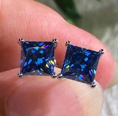 Certified 4 Ct Atlas Blue Diamond Solitaire Studs, Princess Cut,Gift For Love .