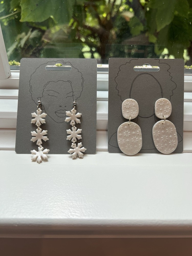 Handcrafted White Polymer Clay Snowflake Dangle Hook Earrings 2 Pairs