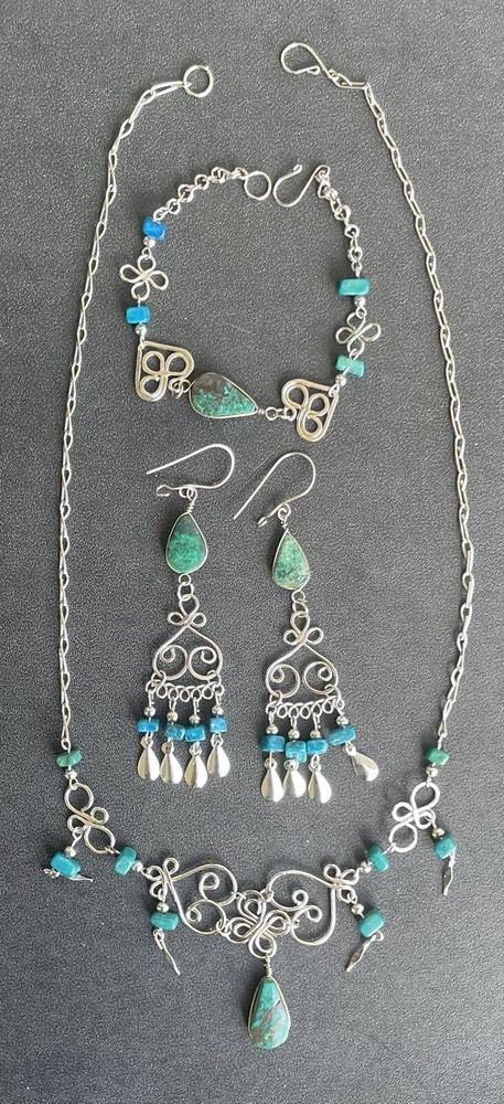 Peruvian Chrysocolla Semi-Precious Stone Necklace Earrings Bracelet Set Peru