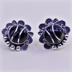 Vintage sterling 925 silver handmade screw back earrings with obsidian inlay