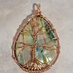 Artisan Mother of Pearl Copper Wire Wrapped Tree of Life Pendant Iridescent
