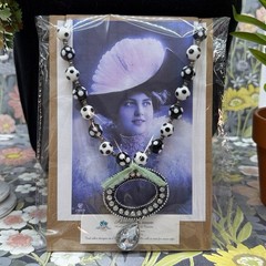 Adorned Crown Jewelry assemblage bead rhinestone pendant green ribbon necklace