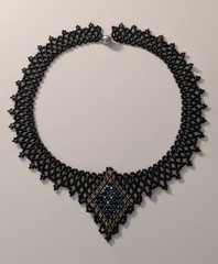 Handmade 17″ Microbead «Lace» Collar Choker Necklace in Black, Dark Gold & Blue
