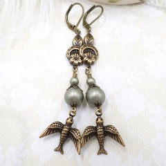 Brass Bird Earrings: Sage Green Pearl Floral Cottagecore Handmade Dangle Jewelry